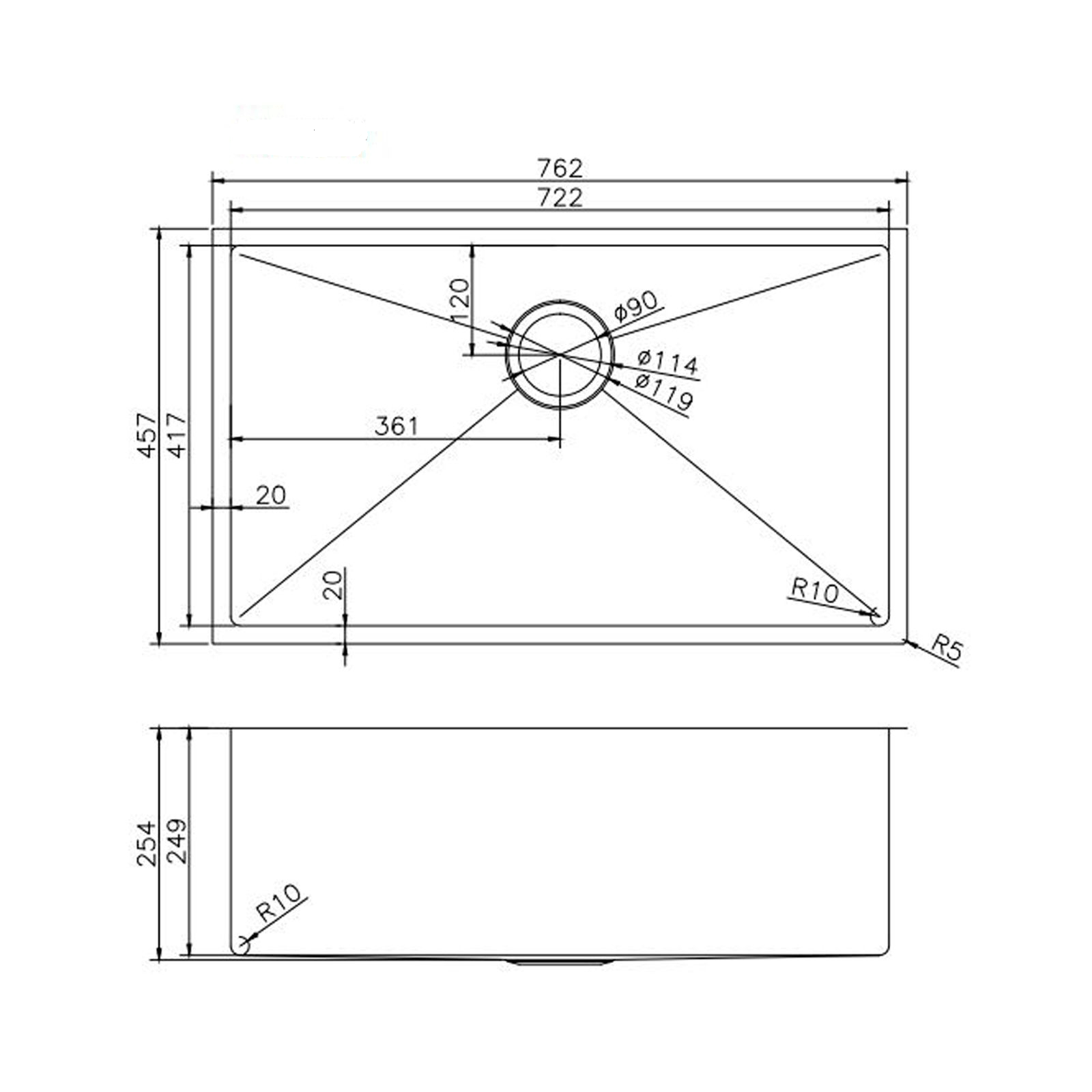 762x457x254mm Handmade Single Kitchen Sink 1.2mm